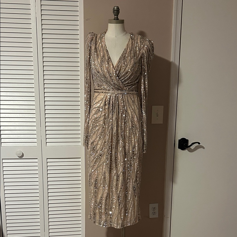 Mac Duggal cocktail-ready sequin beaded tan midi dress size 6